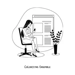 Image à colorier d'une femme assise qui lit les nouvelles sur son téléphone