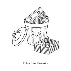 Image à colorier de plusieurs journaux dans une poubelle animée