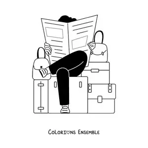 Image à colorier d'un voyageur assis sur ses valises qui lit le journal