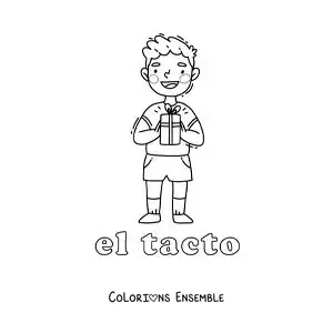 Image à colorier d'un petit garçon qui touche un cadeau avec ses mains
