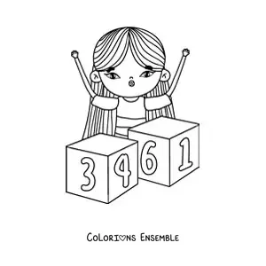Image à colorier d'une petite fille jouant avec d'énormes blocs