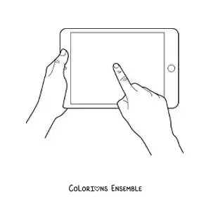 Image à colorier d'une paire de mains qui utilisent une tablette tactile