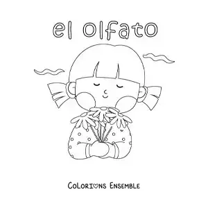 Image à colorier d'une fille animée qui sent une fleur