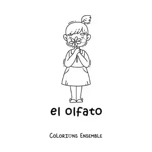 Image à colorier d'une fille qui utilise son odorat pour sentir une fleur