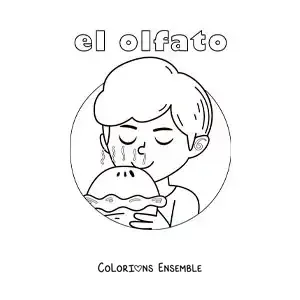 Image à colorier d'un petit garçon qui sent une tarte tout juste sortie du four