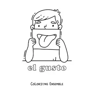 Image à colorier d'un enfant qui montre sa bouche, avec le texte « le goût »