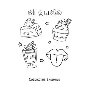 Image à colorier de bonbons animés et de la langue, qui fait partie du sens du goût