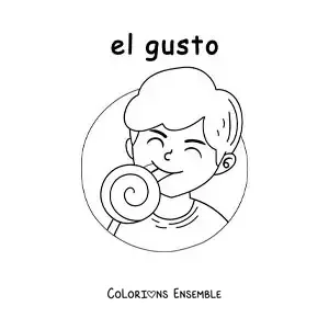 Image à colorier d'un petit garçon qui savoure un bonbon grâce au sens du goût