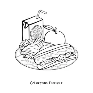 Image à colorier d’une assiette de déjeuner avec une pomme, une saucisse, des pommes de terre et un jus d’orange