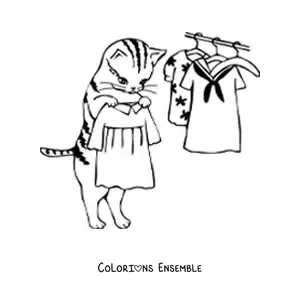 Image à colorier d’un chat tenant une robe près d’autres robes