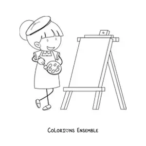 Image à colorier d'une petite fille peignant un tableau
