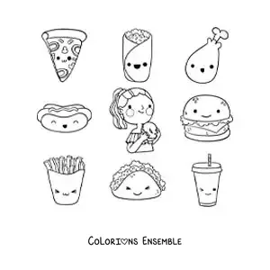 Image à colorier d'une fille avec des aliments animés de différentes saveurs