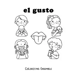 Image à colorier d'enfants animés qui savourent des aliments de différentes saveurs
