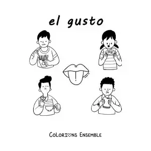 Image à colorier d'une langue et d'enfants qui mangent des aliments, avec le texte « le goût »