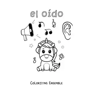 Image à colorier d'exemples animés du sens de l'ouïe, pour les enfants