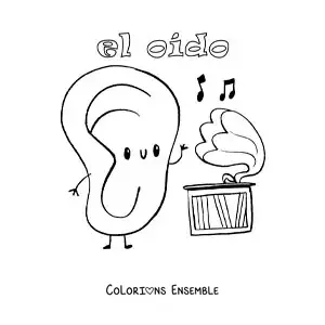 Image à colorier d'un dessin d'oreille animée qui écoute de la musique