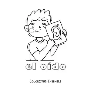 Image à colorier d'un enfant qui montre son oreille, avec le texte « l'ouïe »