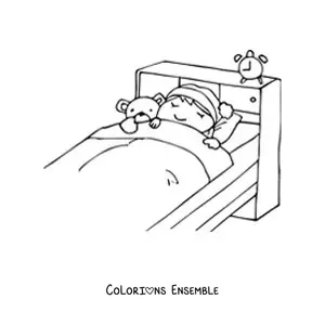 Image à colorier d'une petite fille dormant dans son lit