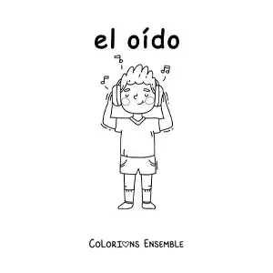 Image à colorier d'un petit garçon animé qui écoute de la musique avec ses oreilles