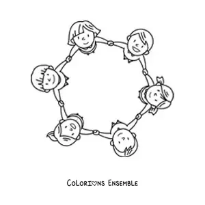 Image à colorier de plusieurs filles et garçons se tenant par la main en cercle