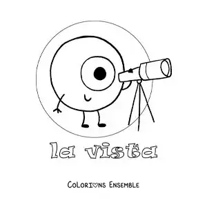 Image à colorier d'un œil animé qui regarde à travers un télescope