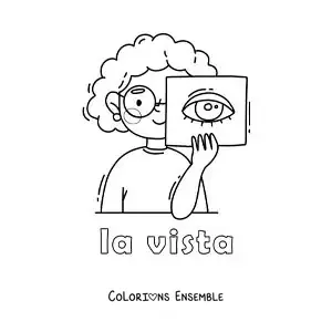 Image à colorier d'une fille qui montre son œil, avec le texte « la vue »