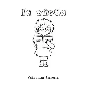 Image à colorier d'une fille avec des lunettes qui lit un livre