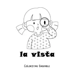 Image à colorier d'une fille qui regarde à travers une loupe