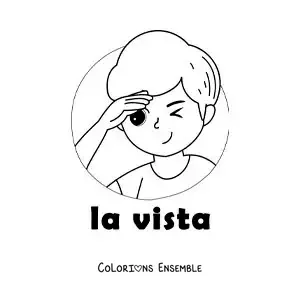 Image à colorier d'un enfant qui regarde au loin, avec le texte « la vue »