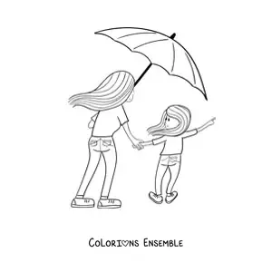 Image à colorier d'une mère et de sa fille partageant une ombrelle