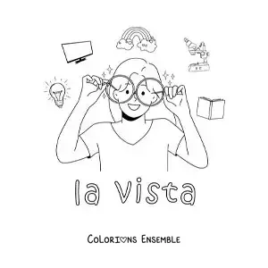 Image à colorier d’une fille avec des lunettes et des symboles de la vue
