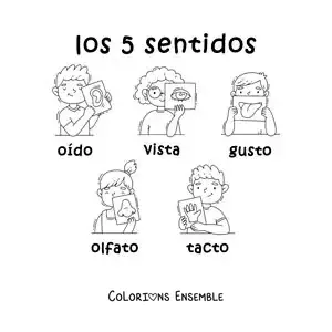 Image à colorier d’enfants en dessin animé avec les 5 sens
