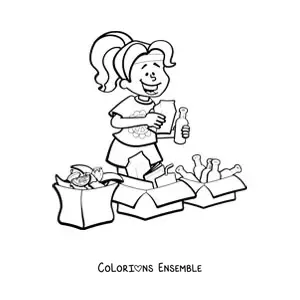 Image à colorier d'une petite fille en train de recycler