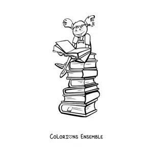 Image à colorier d'une petite fille lisant assise sur une pile de livres