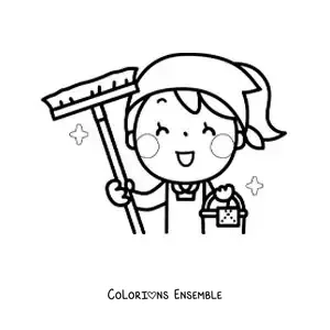 Image à colorier d’une maman en dessin animé avec des produits de nettoyage
