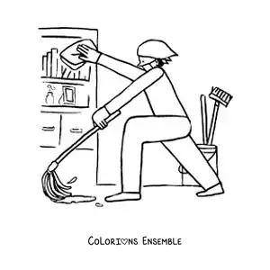 Image à colorier d’une personne faisant le ménage et passant la serpillière à la maison