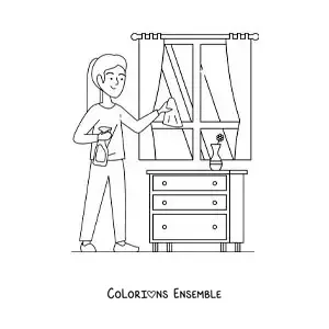 Image à colorier d’une jeune fille nettoyant les fenêtres de sa maison