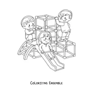 Image à colorier d'une fille et de deux garçons jouant dans le parc