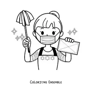 Image à colorier d’une femme en dessin animé faisant le ménage