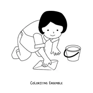 Image à colorier d’une femme au foyer nettoyant le sol