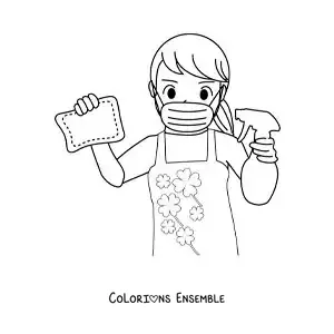 Image à colorier d’une maman avec des produits de nettoyage ménager