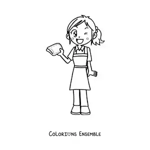 Image à colorier d’une fille en dessin animé faisant le ménage