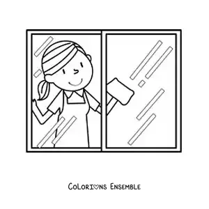 Image à colorier d’une femme nettoyant les fenêtres
