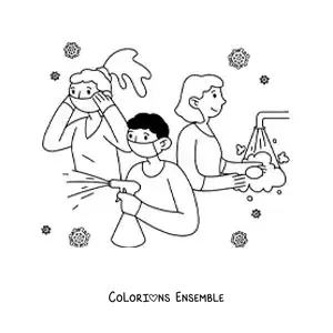 Image à colorier de 3 personnes nettoyant et désinfectant, avec le coronavirus en arrière-plan