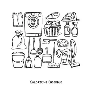 Image à colorier d’objets et de produits de nettoyage de la maison