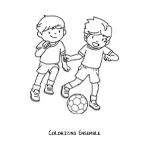 Image à colorier de deux enfants jouant au football
