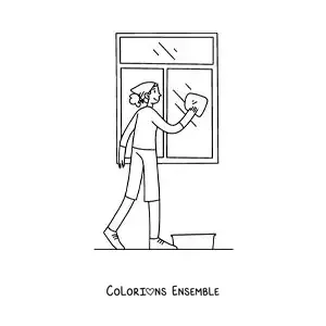 Image à colorier d’une fille nettoyant les fenêtres de sa maison