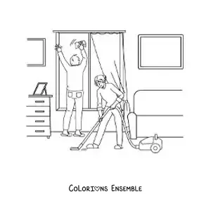 Image à colorier d’un couple nettoyant sa maison