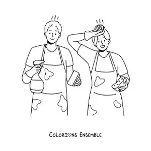 Image à colorier d’un couple fatigué de faire les tâches ménagères