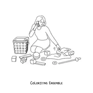 Image à colorier d’une maman ramassant les jouets de son enfant